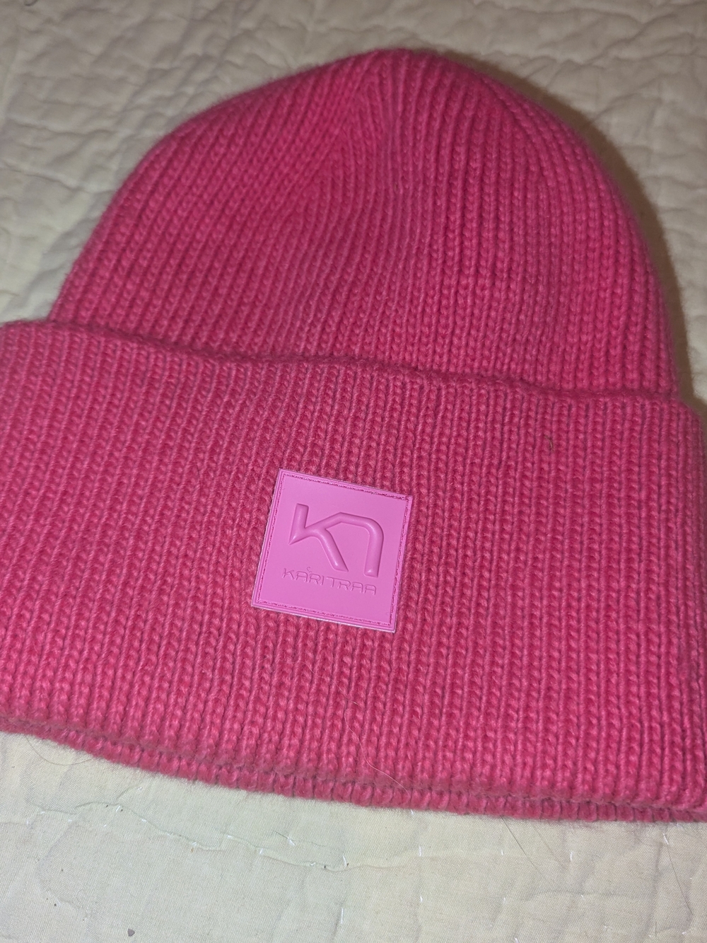 Kari Traa Hot Pink Ribbed Knit Beanie with Logo Patch